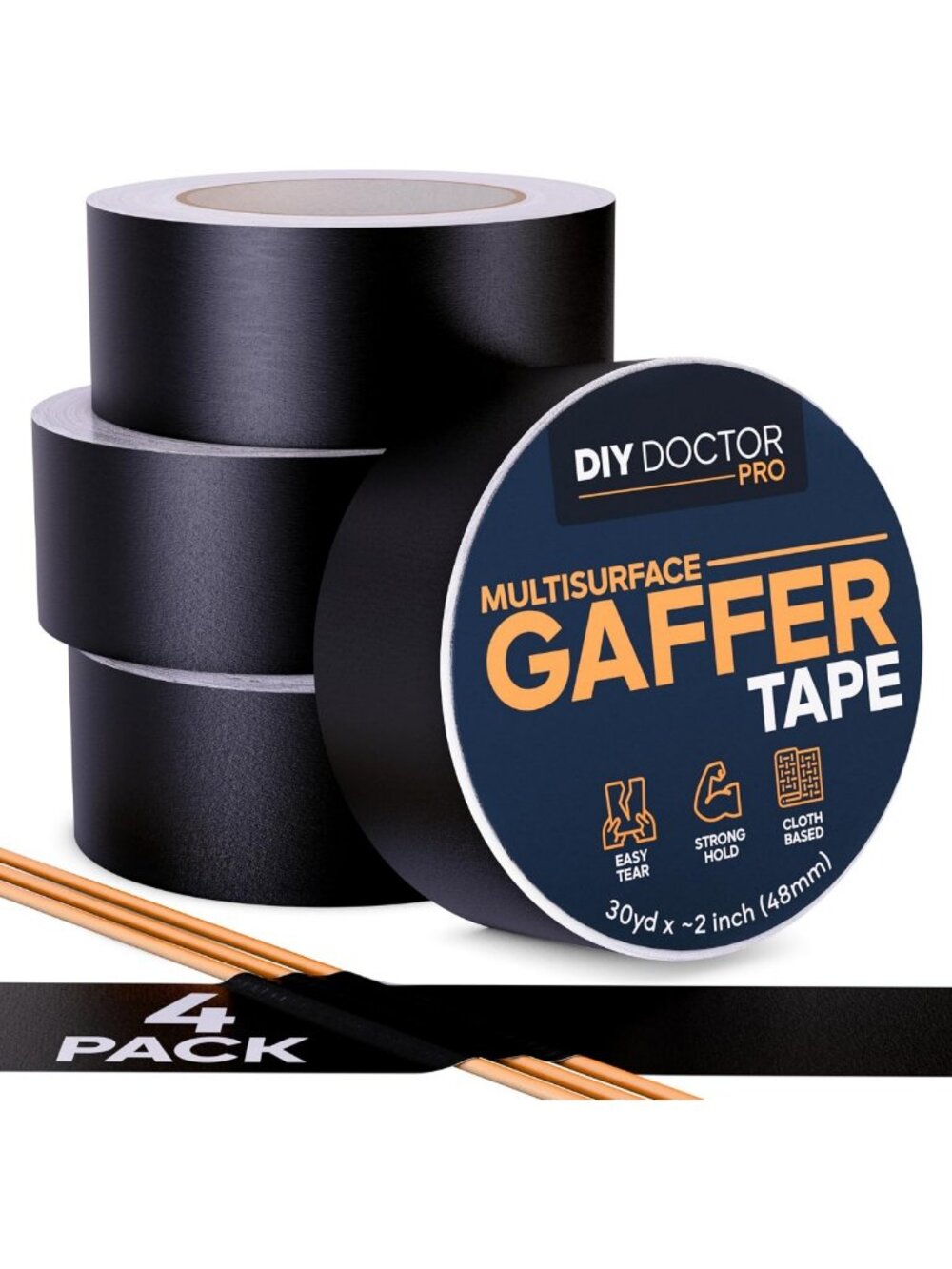 Strong Black Matte Gaffer Tape 2” x 30 Yards - Heavy-Duty Adhesive, 4 Pack